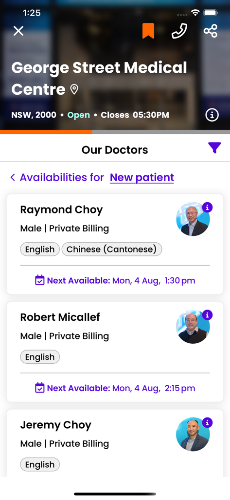 EasyVisit - EasyVisit app screen showing doctor profiles and appointment availability at George Street Medical Centre.
