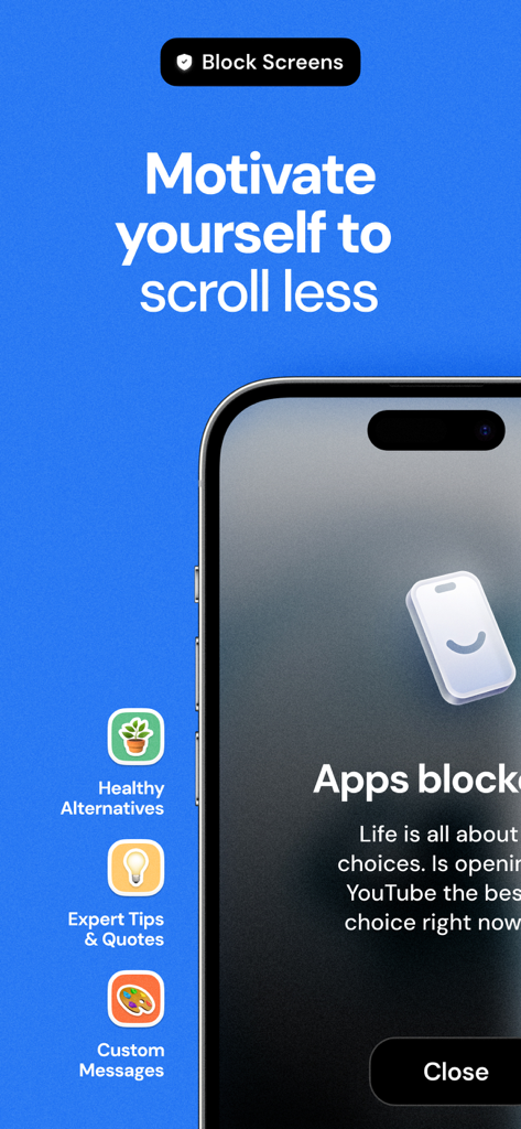 iPhone screen showing Jomo app blocking interface with tips and healthy alternatives to reduce social media scrolling