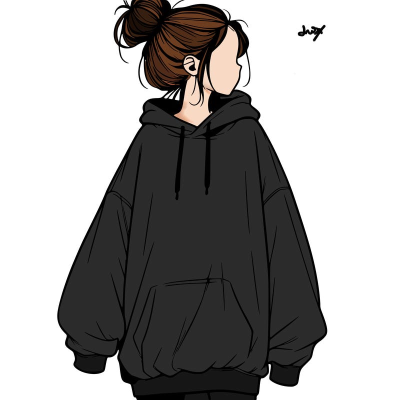 realistic girl with a oversized sweatshirt on and a bun
