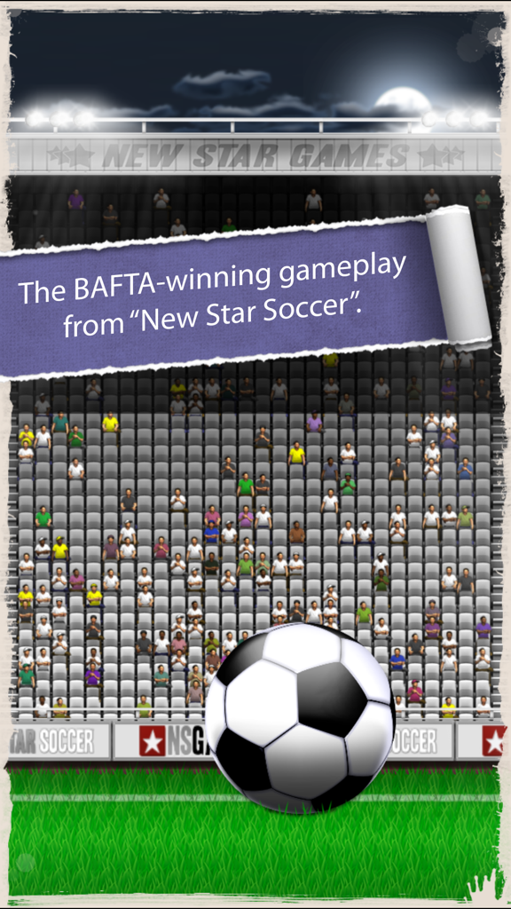 A soccer ball on a green pitch in a crowded stadium with a banner mentioning BAFTA winning gameplay.