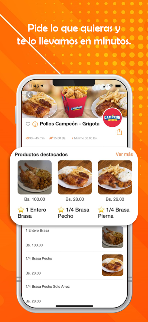 Mr delivery & Ecommerce - Mr Deliveryアプリのインターフェース。Pollos Campeonレストランのローストチキンミールオプションと価格を表示。