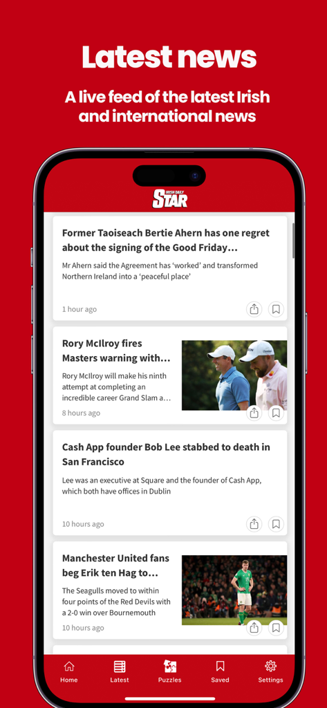 Un écran mobile montrant le flux de nouvelles de l'application Irish Daily Star avec des articles sur la politique et les sports irlandais