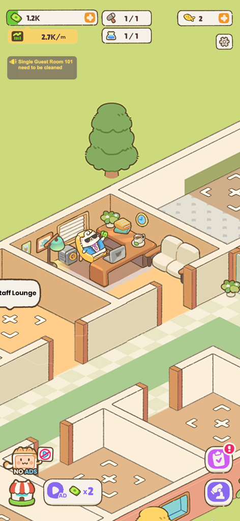 A cute cat character in a suit sitting at a desk in the staff lounge of a hotel management game.