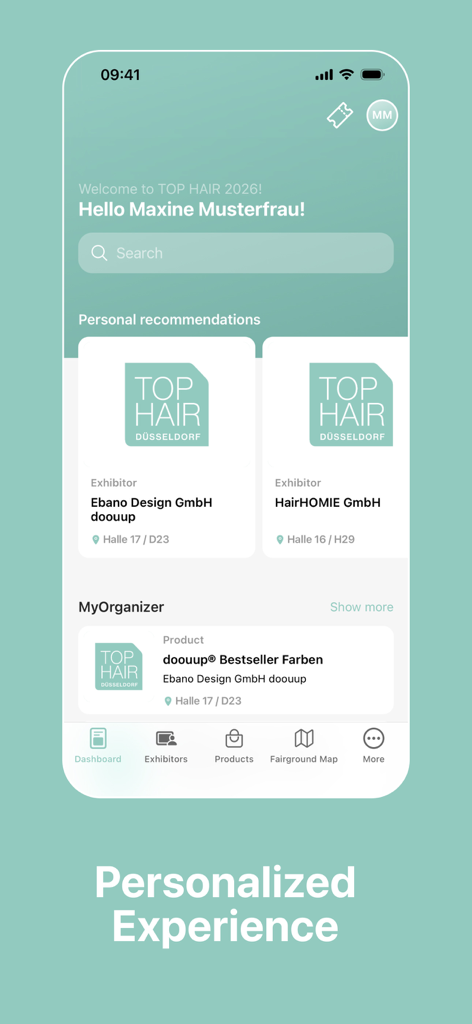 TOP Hair Fair 앱 대시보드에 헤어 참가업체 및 제품에 대한 개인화된 추천 표시