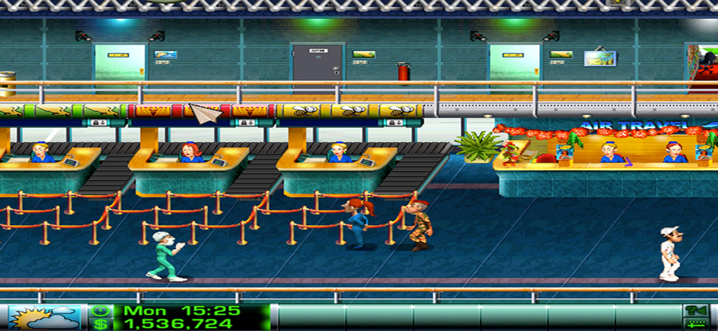 Airline Tycoon Deluxe - Cartoonish airport check-in area with counters and passengers in Airline Tycoon Deluxe
