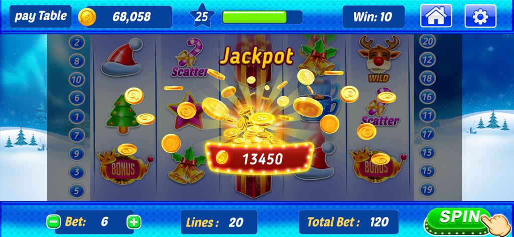 777 Slot Machine Casino Games - 금화와 함께 잭팟 당첨을 보여주는 크리스마스 테마 슬롯머신 인터페이스.