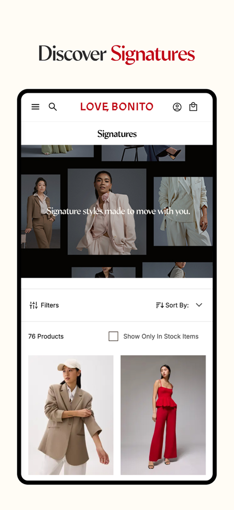 Mobile app interface of Love Bonito displaying curated signature fashion styles for women