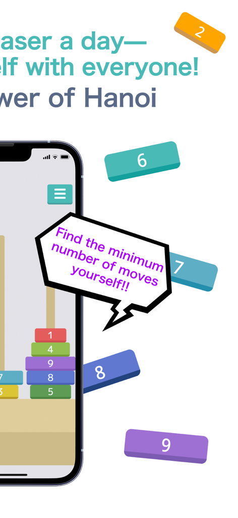 Tower of Hanoi - online puzzle - Una pantalla de móvil que muestra el puzzle de la Torre de Hanói con discos numerados y el desafío de encontrar el número mínimo de movimientos