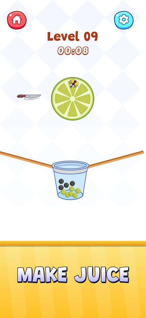 A screenshot of the Tap Tap Challenge app showing a level called Make Juice with a lime slice and a cup.
