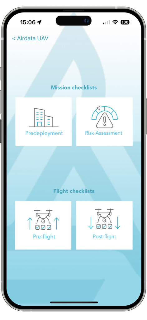 Airdata UAV app screen displaying mission and flight checklists for pre-deployment, risk assessment, pre-flight, and post-flight operations.