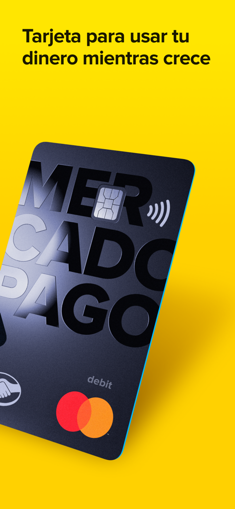 Mercado Pago black debit Mastercard on a yellow background