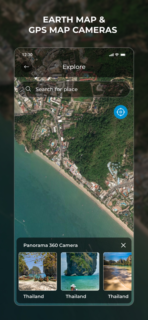 Satellite view of a coastal area in Thailand with 360 panorama photos on a mobile app interface
