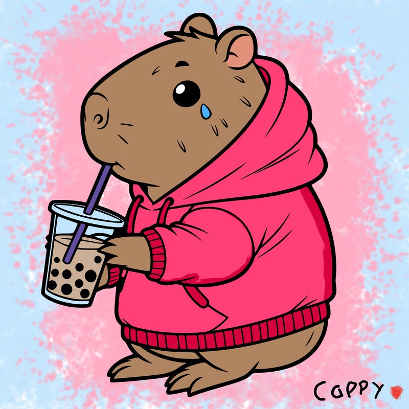 easy capybara drinking boba wearing a hoodie