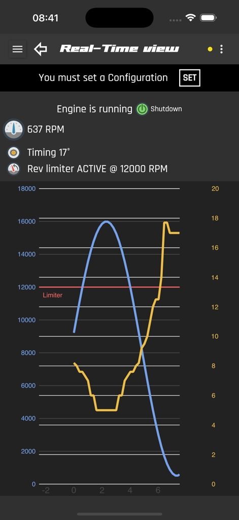 iTronix by SparkEVO - Real time dashboard showing engine RPM and ignition timing curves in the iTronix app