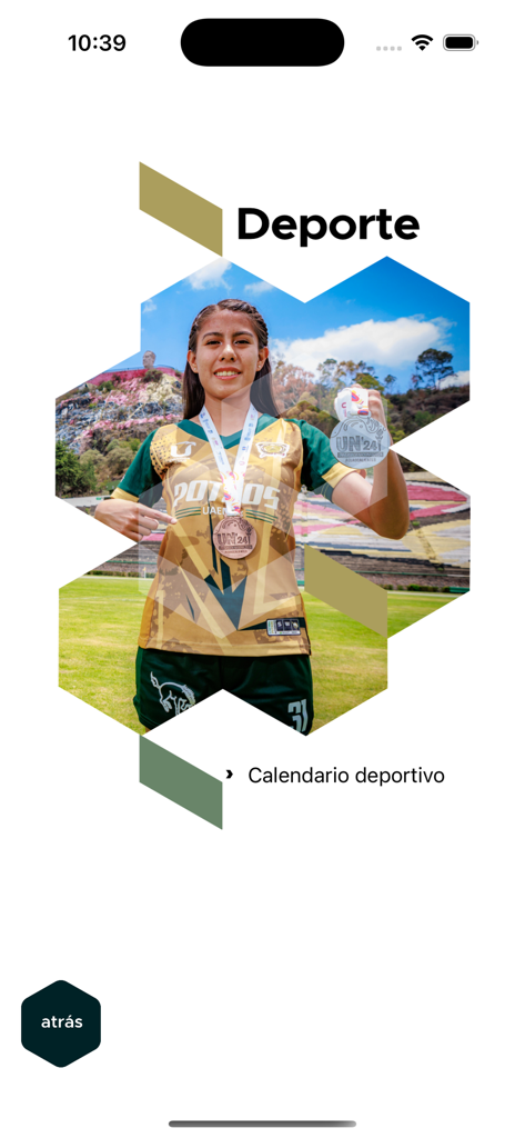 UAEMéx - UAEMex app sports section showing a student athlete and sports calendar link