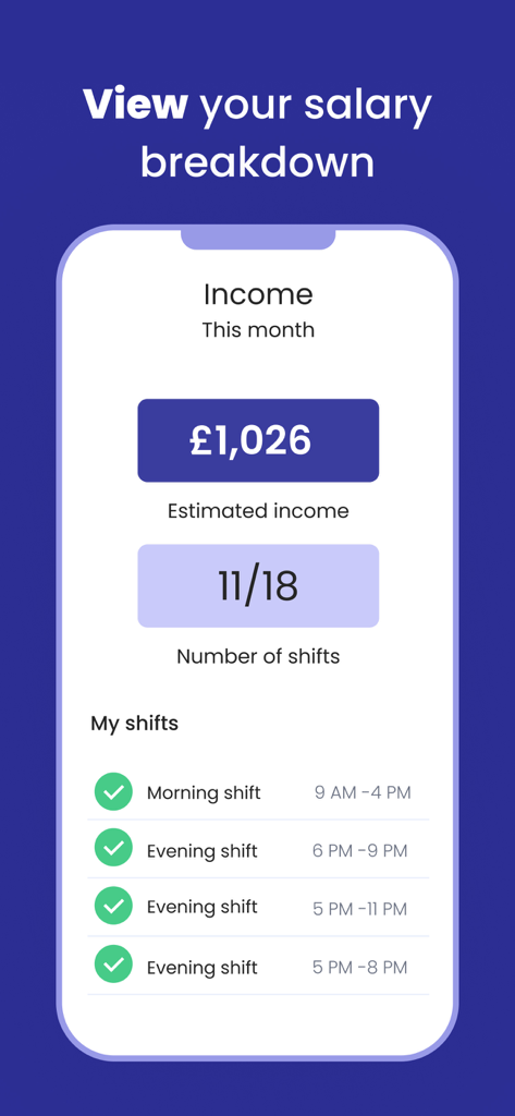 Ubeya - A mobile interface from the Ubeya app showing monthly estimated income and a list of completed shifts