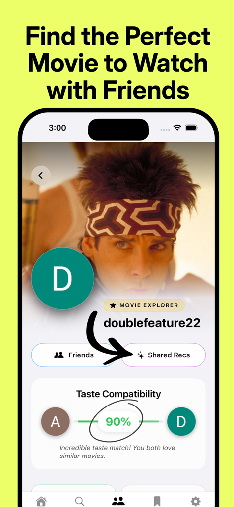 MoviePal - Find Movies & Shows - Interfaz de la aplicación MoviePal mostrando una coincidencia de compatibilidad de gustos del 90% y una función de recomendaciones de películas compartidas para amigos.