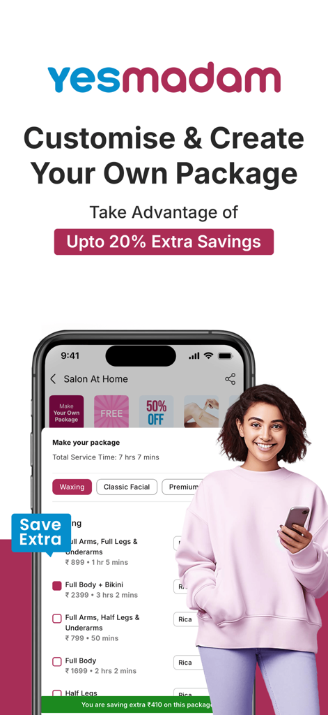 A woman holding a smartphone showing the Yes Madam app interface for creating custom salon at home packages with discounts
