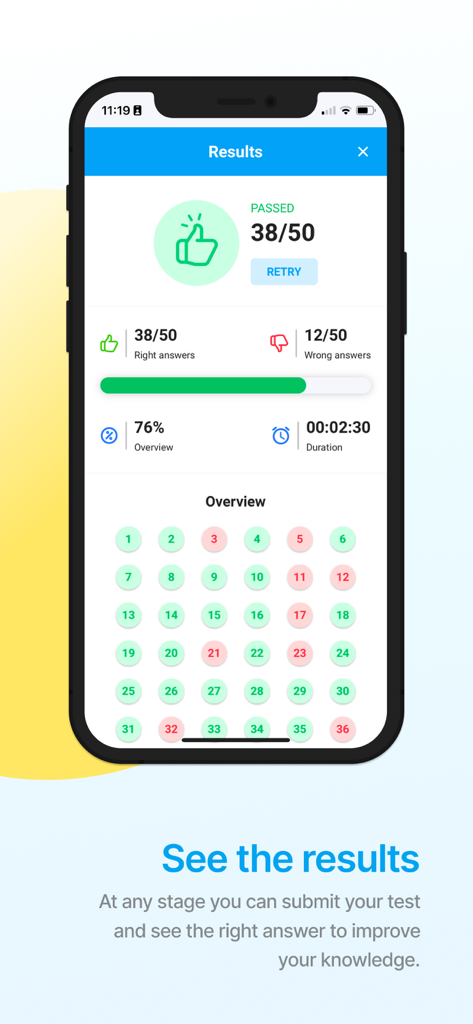 Easy Quizzz - Interfaz de la aplicación Easy Quizzz mostrando el resultado de un examen aprobado con una puntuación de 38 de 50, mostrando respuestas correctas e incorrectas junto con la duración.