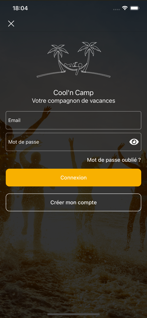 Cool'n Camp - Login screen for the Cool n Camp travel app with email and password fields over a background of people jumping in water