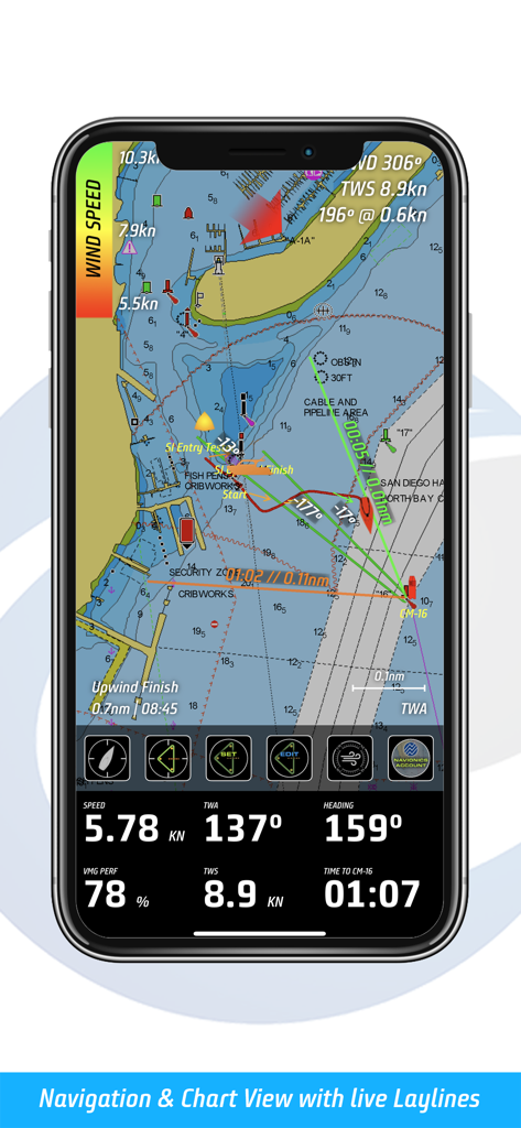 Tactiqs app showing sailboat navigation chart with live laylines and performance metrics