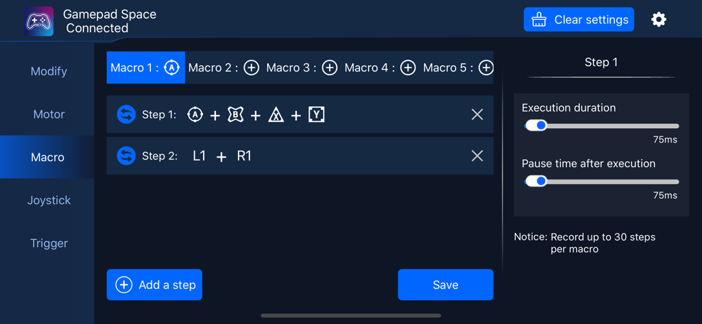 Gamepad Space - Interface for configuring controller macros in Gamepad Space showing button combos and execution timing settings