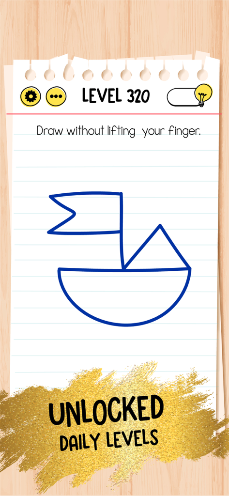 Capture d'écran du jeu mobile Brain Test Premium montrant un puzzle de dessin de bateau au niveau 320 avec une bannière pour les niveaux quotidiens débloqués.