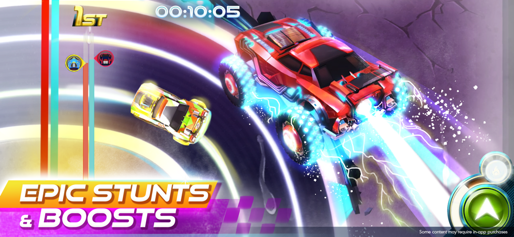 A red car performing high speed stunts on a neon racing track in the Race Craft app