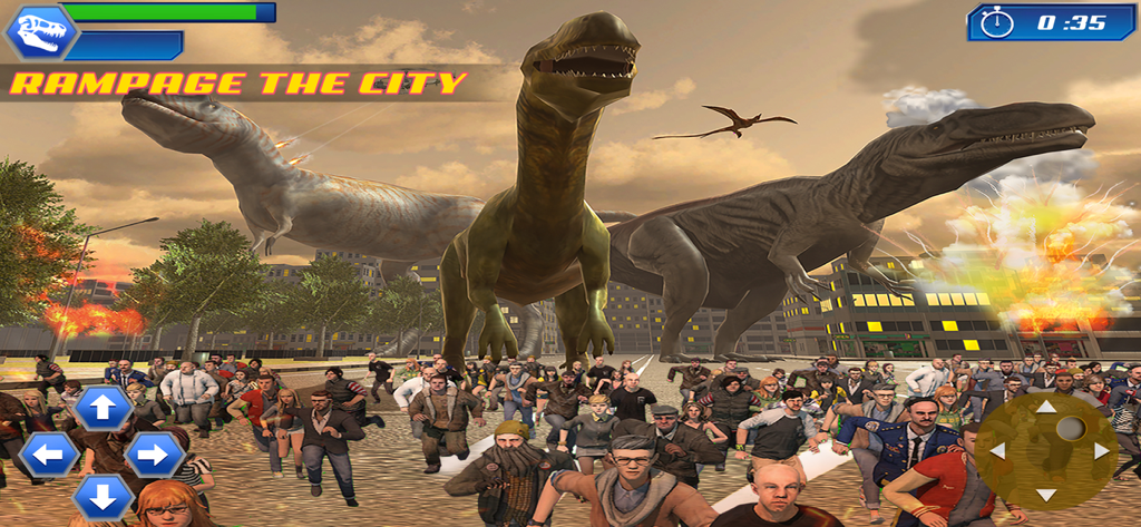 Ultimate Animal Destruction 3D - Giant dinosaurs rampaging through a city street while people flee in panic