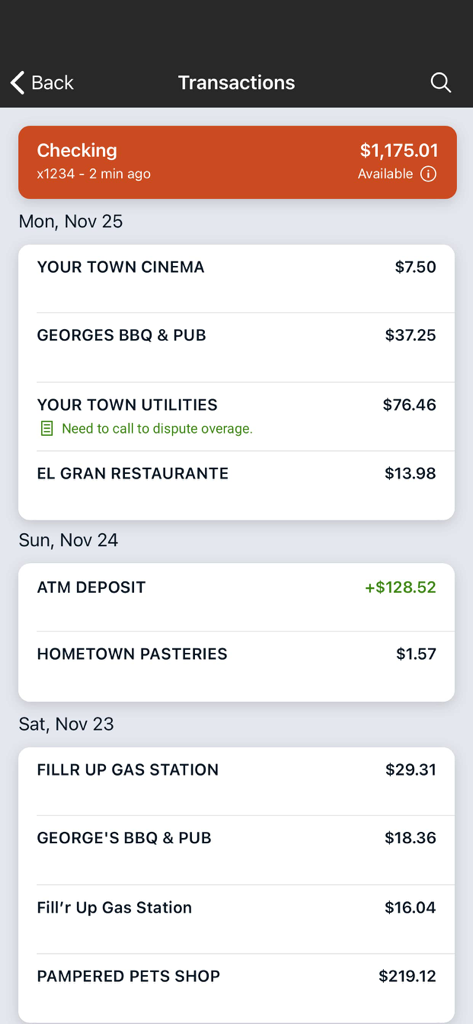 CBNA Mobile Banking - CBNA mobile banking app transaction history screen showing checking account balance and recent activity with custom notes