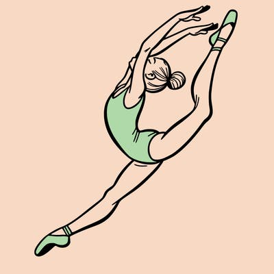 gymnast doing a leap in a leotard with a bent back leg