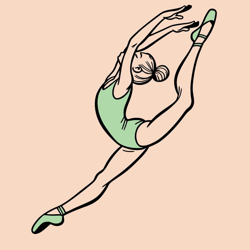 gymnast doing a leap in a leotard with a bent back leg