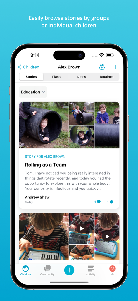 Storypark for Educators - Interface of Storypark for Educators app displaying a childs learning story with photos and teacher observations