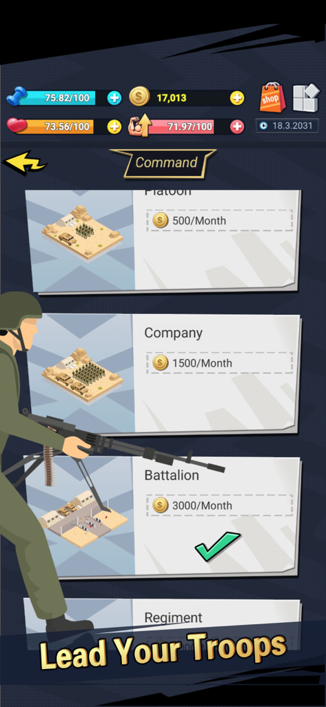A soldier holding a machine gun next to a menu to command and lead military troops.