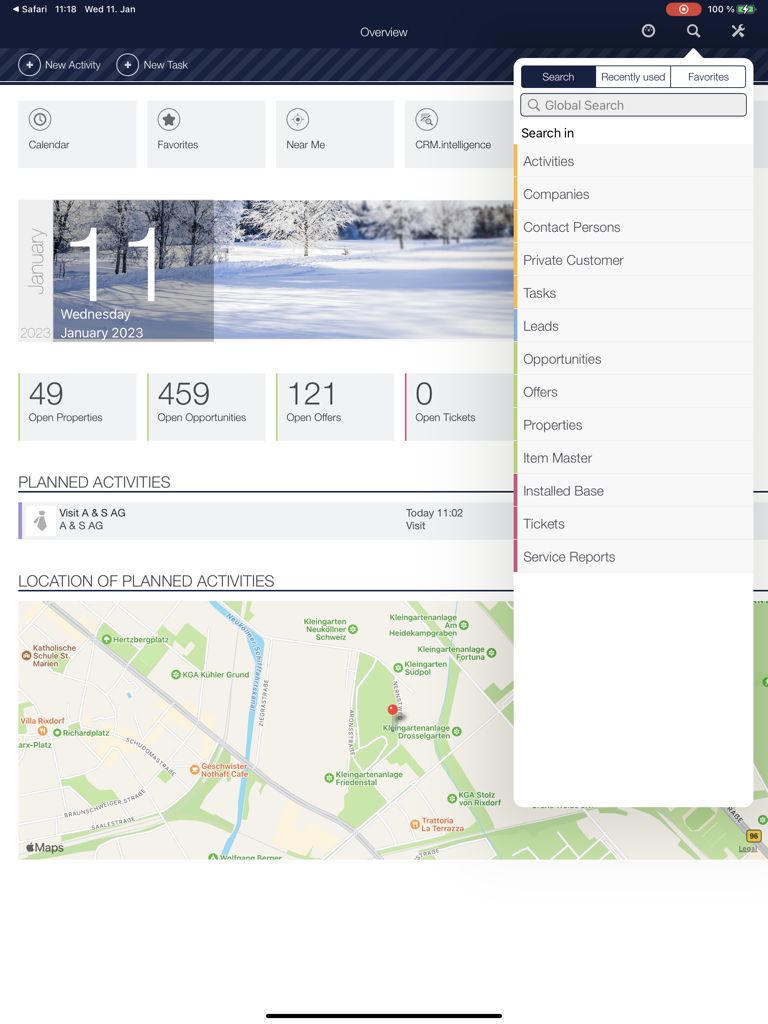 Tableau de bord de l'application iPad CRMpad Legacy montrant les activités de vente, les opportunités ouvertes et une vue cartographique