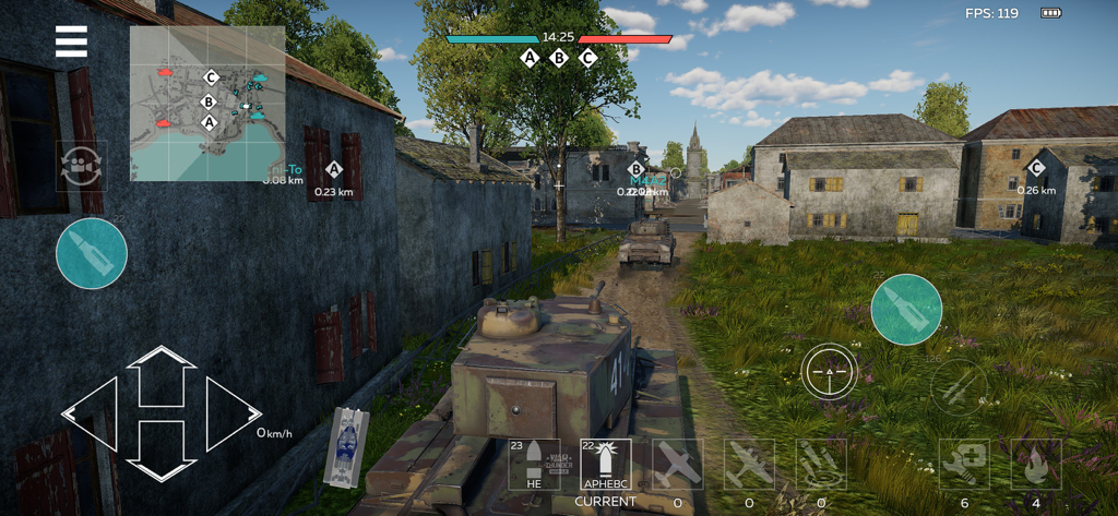 War Thunder Mobile gameplay showing a tank advancing through a town during a PvP battle with realistic graphics and on-screen controls.