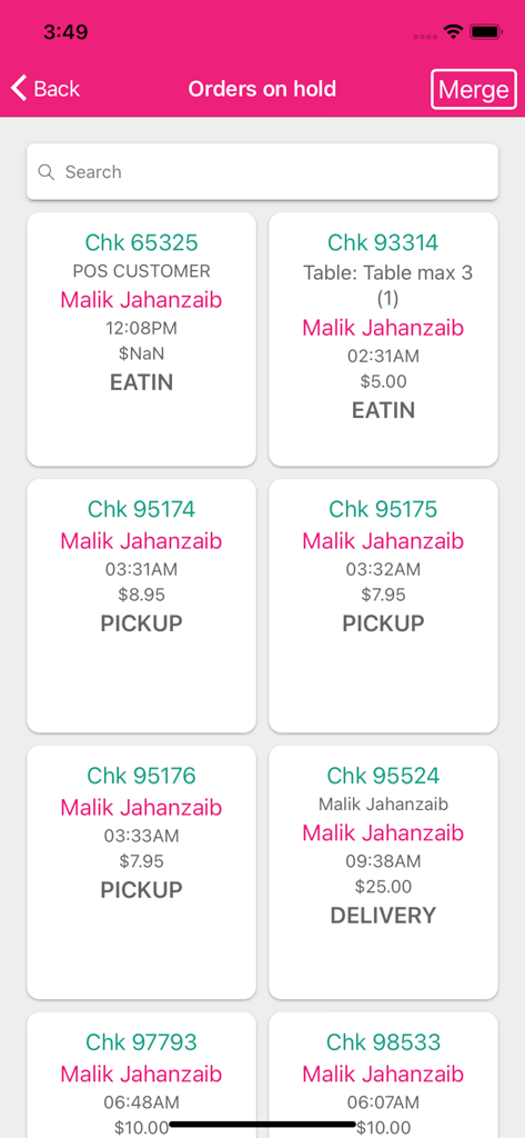 Tio POSモバイルアプリインターフェース。イートイン、ピックアップ、配達の保留中のレストラン注文リストが表示されています。