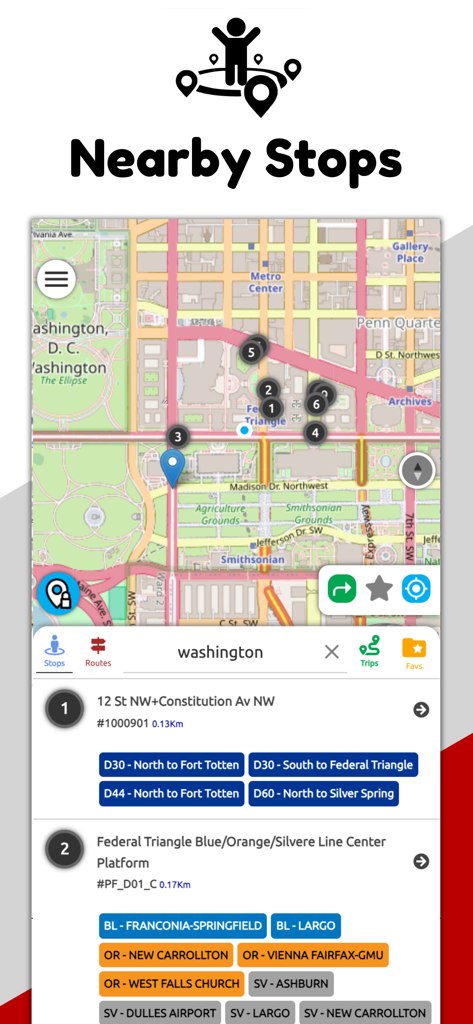 Mapa interativo mostrando paradas de transporte próximas e rotas em Washington DC