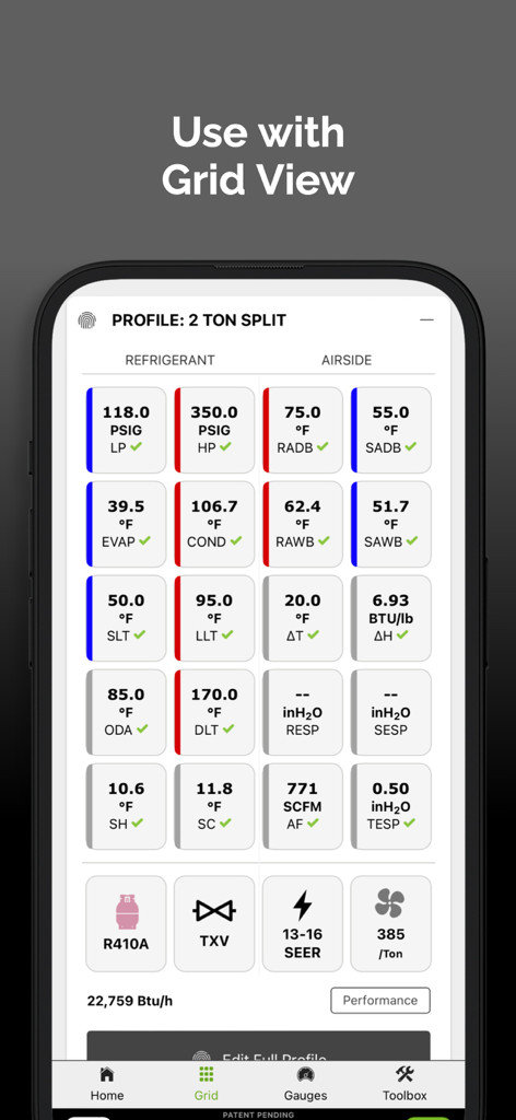 measureQuick HVAC app grid view showing real-time refrigerant and airside diagnostic measurements for a 2 ton split system