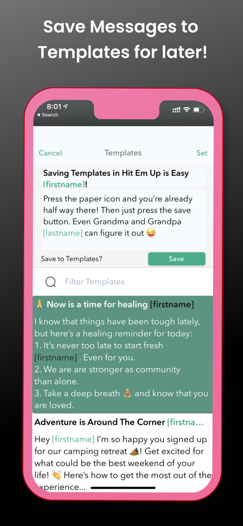 Classic app screen showing personalized text message templates with dynamic name tags