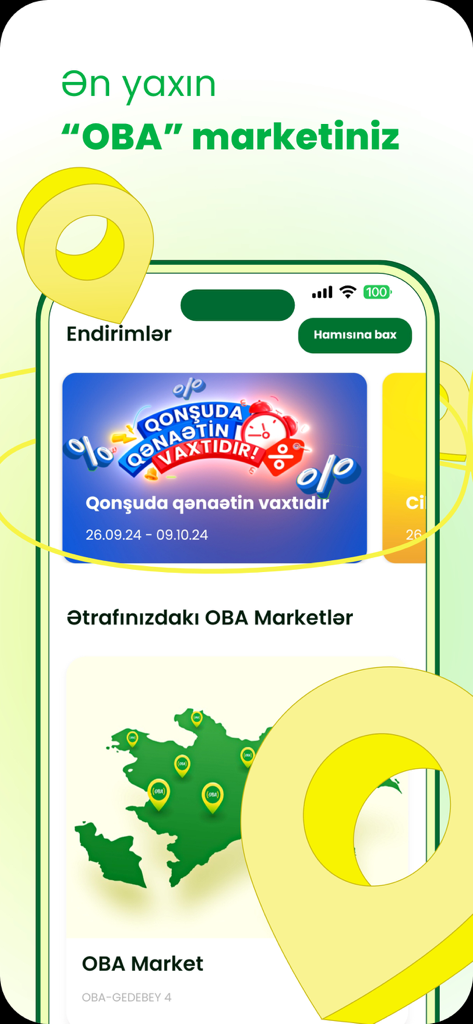 프로모션 오퍼와 상점 위치 지도를 보여주는 OBA 마켓 앱 인터페이스.