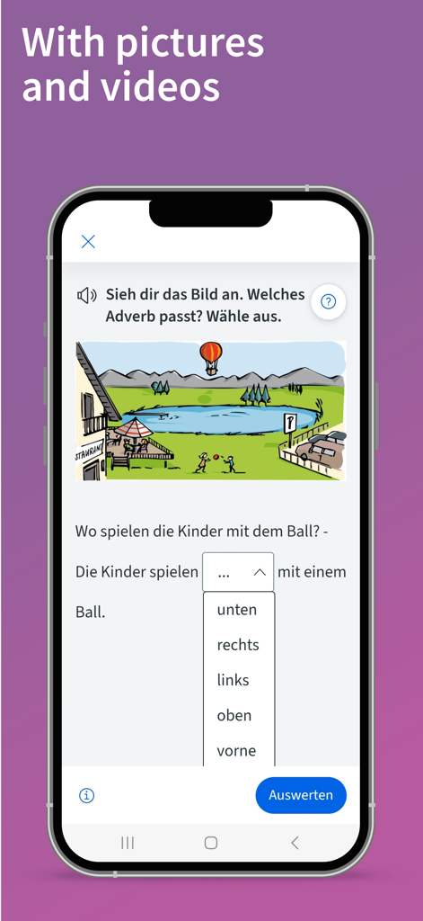 Grammatik aktiv A1-B1 Deutsch - Interface of the Grammatik aktiv German learning app showing a visual grammar exercise with adverbs.