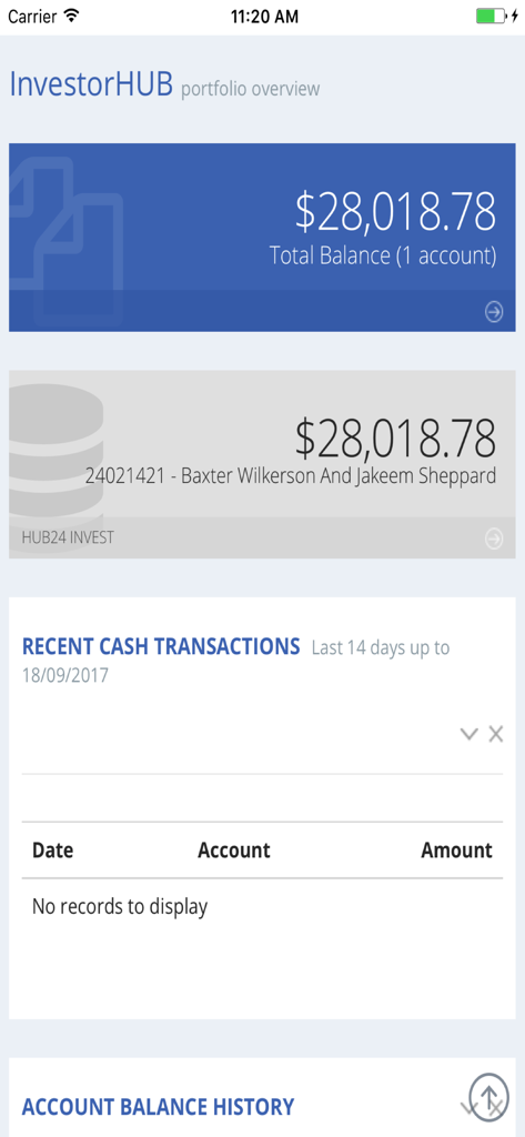 HUB24 app screen displaying a portfolio overview with a total balance of 28,018 dollars and account details
