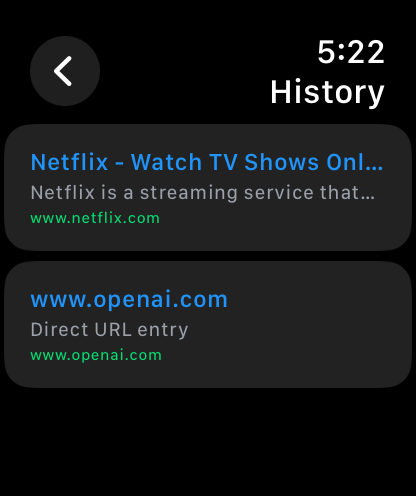 Verlaufsbildschirm des Apple Watch-Webbrowsers mit Links zu Netflix und OpenAI.