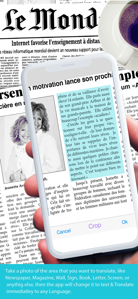 iTranslator - Photo To Text - A smartphone screen scanning and selecting text from a French newspaper for instant translation