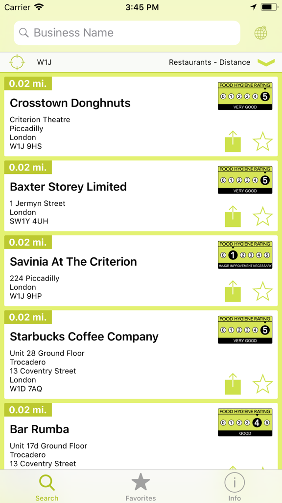 Interface of the Food Hygiene app showing a list of restaurants in London with their official hygiene ratings