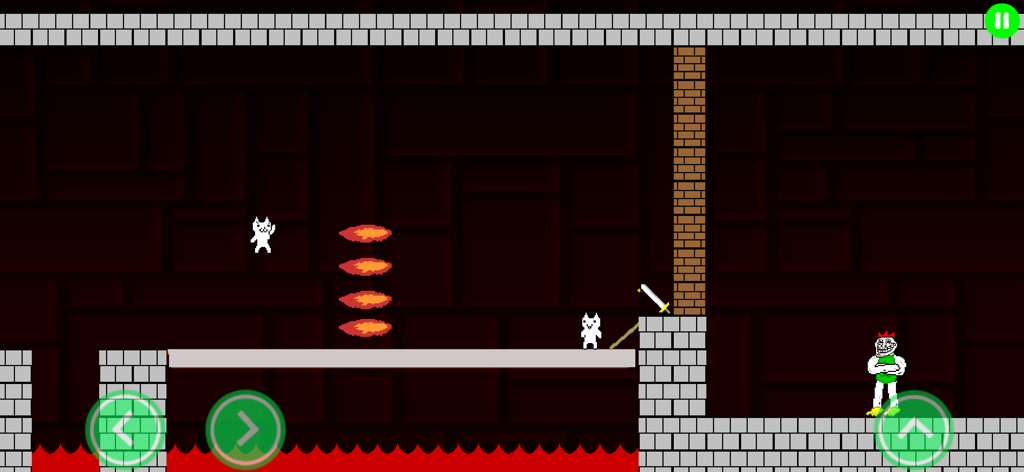 Gameplay screenshot of Syobon Action HD featuring a white cat character navigating a platformer level with lava and fire traps