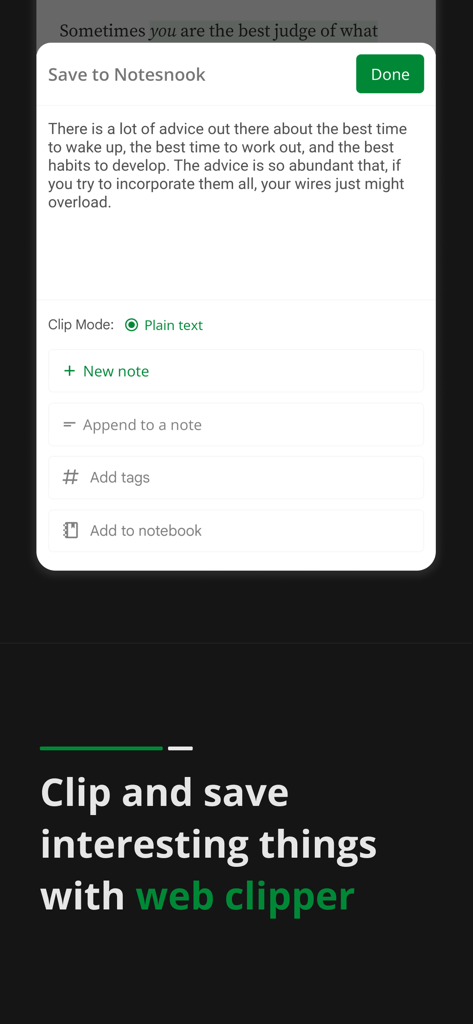 Notesnook: Private note taking - Interfaz del web clipper de Notesnook que muestra opciones para guardar texto como una nueva nota o añadir a un cuaderno