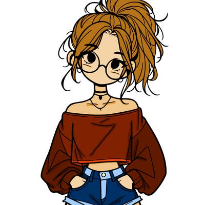 girl with a messy ponytail glasses a baggy crop top and jean shorts