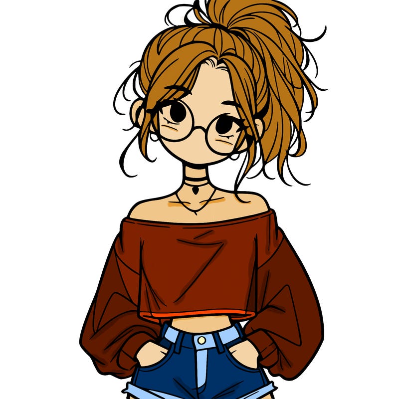 girl with a messy ponytail glasses a baggy crop top and jean shorts